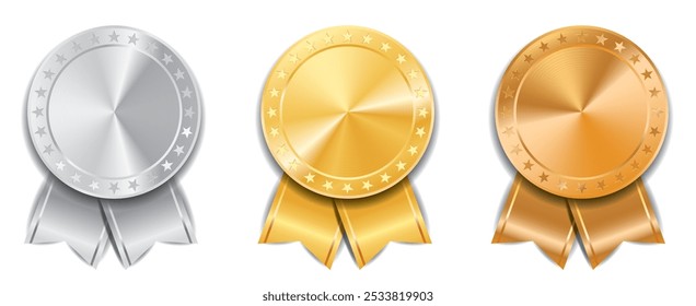 golden, silver and bronze medals with ribbons, vector illustration