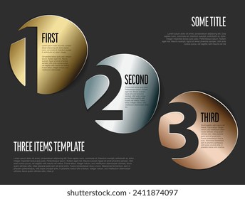 Golden silver and bronze metallic circle labels with big numbers as steps positions or options. Simple metallic infographic with three elements on dark background