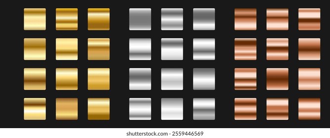 Golden, silver, bronze metallic gradient set. Glossy design for frames, banners, ribbons and labels. Vector illustration on black background