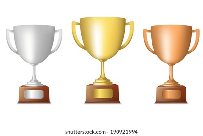 Golden silver bronze metallic trophy cup set isolated vector illustration