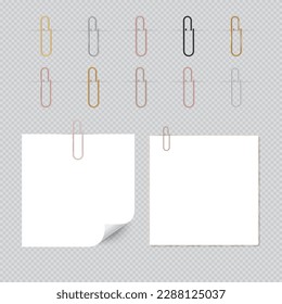 Golden, silver, bronze, and other paper clips. Set of fasteners document sheets clip, metal school stationery, office accessories, and paperclips. Realistic isolated vector