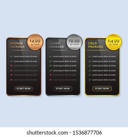 golden silver bronze pricing table plan