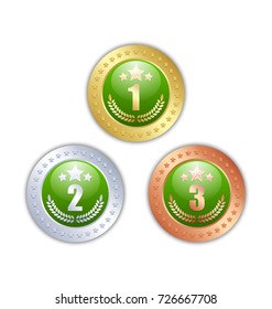 Golden, silver and bronze quality badges or medals with numbers, placed on white background