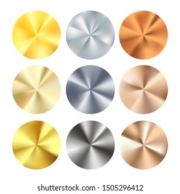 Golden Silver and Bronze radial gradient set. Collection of shiny bronze silvery and gold pattern. Realistic metallic foil. Vector illustration 