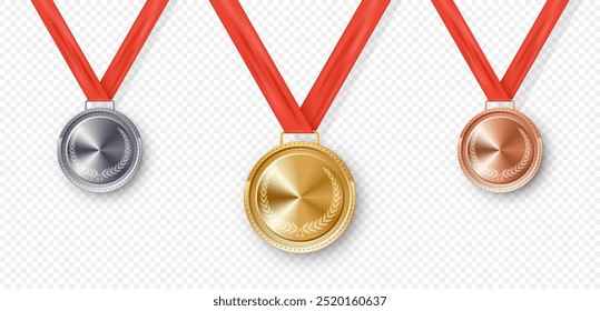 Golden, silver and bronze realistic award medals collection with red ribbon isolated on transparent background.