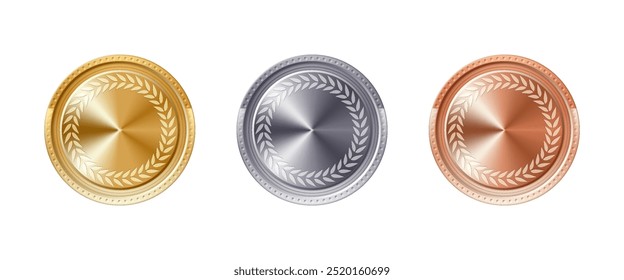 Colección realista de medallas de oro, plata y bronce aislada sobre fondo transparente.