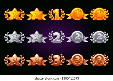 Golden, silver and bronze rewards icons set. 1st, 2nd, 3rd place different variation. Laurel wreath of victory and gold star or game, ui, banner, app, interface, slots, game development