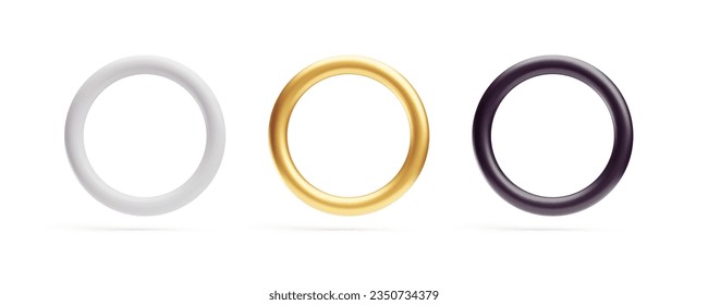 Golden, silver, bronze rings set, 3d accessories, geometric shapes. Front view round shaped metallic objects, decorative design elements realistic vector illustration on white background