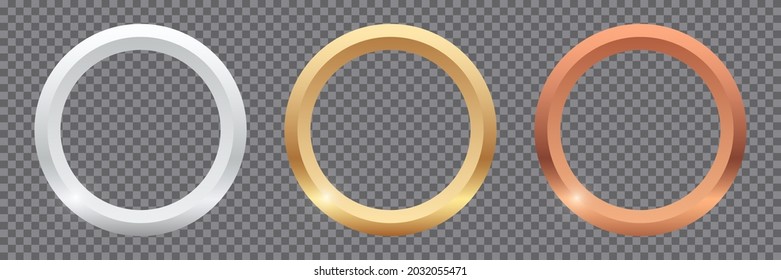 Golden, silver, bronze round frames isolated on transparent background. Metal shiny glowing frame set. Frame of luxury realistic round. Decorative elements for picture, banner, card, poster. Vector