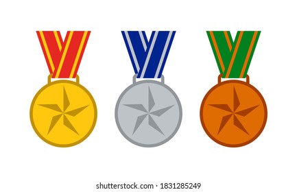 golden silver bronze round medals with color ribbons, flat vector set