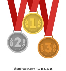 Golden, silver and bronze shiny medals with red ribbons. Sport game champion award. Isolated flat vector illustration