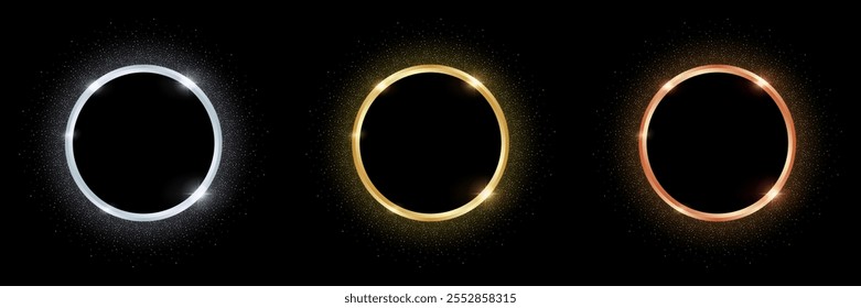 Golden, Silver and Bronze Sparkling Ring with Glitter Effect on Black Background. Shiny Circle Award Frame. Vector Banner Template with Copy Space.