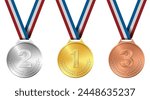 Golden, silver, bronze sports medal on ribbon realistic vector illustration. Set of medals for awarding champions and winners with laurel wreath and colored ribbons isolated on a white background.