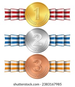 Golden, silver, bronze sports medal realistic vector illustration. Set of medals for awarding champions and winners with laurel wreath and colored ribbons isolated on a white background.