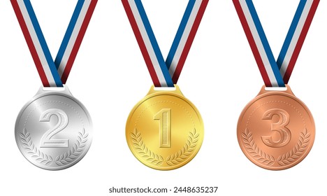 Golden, silver, bronze sports medal on ribbon realistic vector illustration. Set of medals for awarding champions and winners with laurel wreath and colored ribbons isolated on a white background.