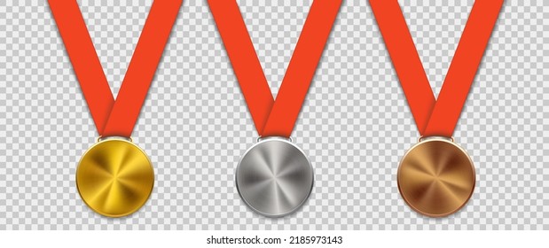 Golden silver and bronze sports medals. Template isolated on a transparent background. Vector mockup.