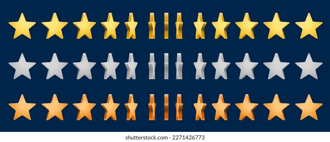 Golden, silver and bronze star rotate animation. Animated game sprite sheet, frame sequence of vector 3d rate, score or bonus stars rotation motion. Video game ui assets, glossy metal awards or medals