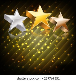 Golden, silver and bronze stars on abstract dark background. vector