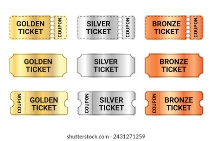 Golden, silver and bronze ticket coupon set