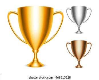 Golden, silver and bronze trophy cup icons isolated on white background