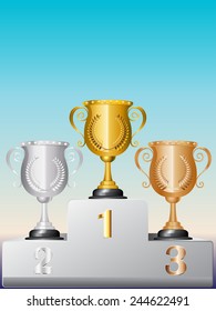 Golden, silver and bronze trophy cups on white podium.