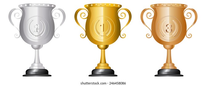 Golden, silver and bronze trophy cups on white background.