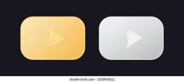 Golden and silver buttons. Rectangular shiny web shapes with play symbol luxury design for websites and electronic vector devices