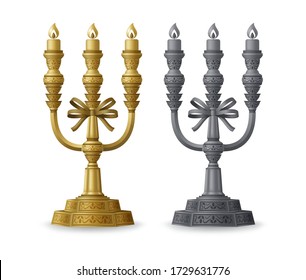 Golden and silver candelabrums with three candlesticks isolated on white background. Vector illustration.