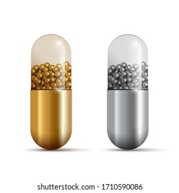 Golden and silver capsule pills and drugs isolated on white background. Vector 3D illustration