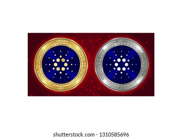 Golden and silver Cardano (ADA) cryptocurrency coins on blockchain red background. Cardano (ADA) cryptocoin concept. Cryptocurrency coins with Cardano (ADA) symbol. Schematic red blockchain