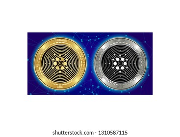 Golden and silver Cardano (ADA) cryptocurrency coins on blockchain blue background. Cardano (ADA) cryptocoin concept. Cryptocurrency coins with Cardano (ADA) symbol. Schematic blue blockchain