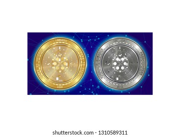 Golden and silver Cardano (ADA) cryptocurrency coins on blockchain blue background. Cardano (ADA) cryptocoin concept. Cryptocurrency coins with Cardano (ADA) symbol. Schematic blue blockchain