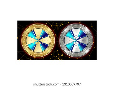 Golden and silver Cardano (ADA) cryptocurrency coins on blockchain black background. Cardano (ADA) cryptocoin concept. Cryptocurrency coins with Cardano (ADA) symbol. Schematic black blockchain