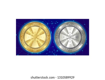 Golden and silver Cardano (ADA) cryptocurrency coins on blockchain blue background. Cardano (ADA) cryptocoin concept. Cryptocurrency coins with Cardano (ADA) symbol. Schematic blue blockchain