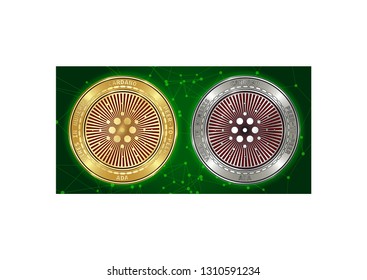 Golden and silver Cardano (ADA) cryptocurrency coins on blockchain green background. Cardano (ADA) cryptocoin color concept. Cryptocurrency coins with Cardano (ADA) symbol. Schematic green blockchain