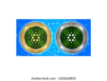 Golden and silver Cardano (ADA) cryptocurrency coins on blockchain blue background. Cardano (ADA) cryptocoin concept. Cryptocurrency coins with Cardano (ADA) symbol. Schematic blue blockchain