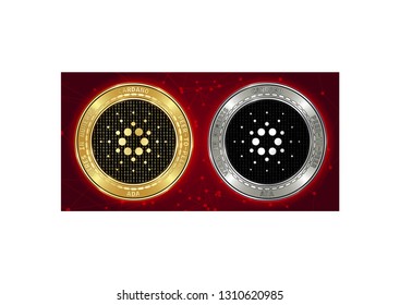 Golden and silver Cardano (ADA) cryptocurrency coins on blockchain red background. Cardano (ADA) cryptocoin concept. Cryptocurrency coins with Cardano (ADA) symbol. Schematic red blockchain