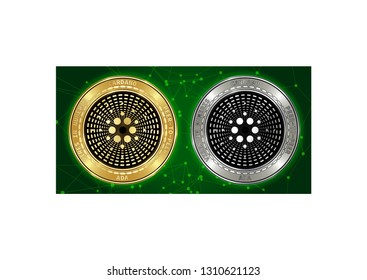 Golden and silver Cardano (ADA) cryptocurrency coins on blockchain green background. Cardano (ADA) cryptocoin color concept. Cryptocurrency coins with Cardano (ADA) symbol. Schematic green blockchain