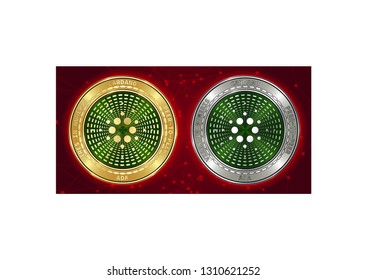 Golden and silver Cardano (ADA) cryptocurrency coins on blockchain red background. Cardano (ADA) cryptocoin concept. Cryptocurrency coins with Cardano (ADA) symbol. Schematic red blockchain