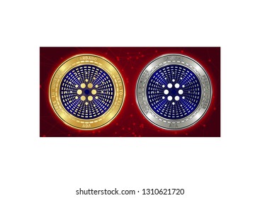 Golden and silver Cardano (ADA) cryptocurrency coins on blockchain red background. Cardano (ADA) cryptocoin concept. Cryptocurrency coins with Cardano (ADA) symbol. Schematic red blockchain
