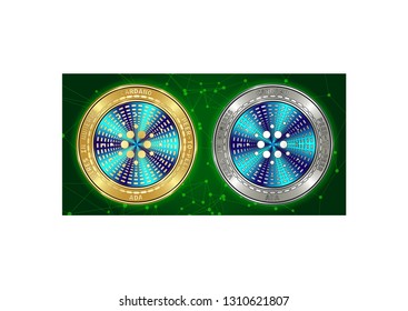 Golden and silver Cardano (ADA) cryptocurrency coins on blockchain green background. Cardano (ADA) cryptocoin color concept. Cryptocurrency coins with Cardano (ADA) symbol. Schematic green blockchain