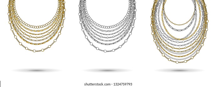 Golden and Silver Chain Neck Lace. Vector isolated on White Background with Stars and Glowing Lights. Trendy Accessory Illustration