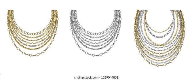 Golden and Silver Chain Neck Lace. Vector isolated on White Background with Stars and Glowing Lights. Trendy Accessory Illustration