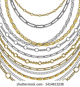 Golden and Silver Chain Neck Lace. Vector isolated on White Background with Stars and Glowing Lights. Trendy Accessory Illustration