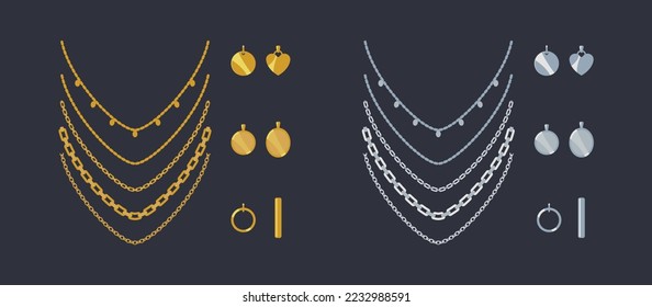 Golden and silver chain necklaces and pendants set. Vector cartoon trendy minimalistic jewelry. Isolated objects for design. 