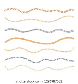 Golden and silver chain set isolated on white background. Fashion collection. Vector illustration.