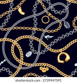 Golden, silver chains baroque lace seamless pattern. Luxury jewelry shiny accessory, wavy gold links necklace, bracelet on black background. Glamour fashion tiled decoration. Vector wallpaper texture.