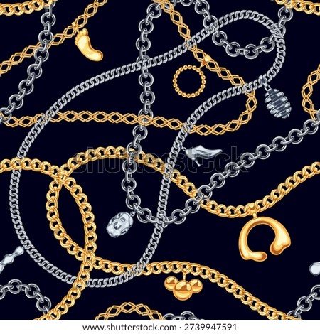 Golden, silver chains baroque lace seamless pattern. Luxury jewelry shiny accessory, wavy gold links necklace, bracelet on black background. Glamour fashion tiled decoration. Vector wallpaper texture.
