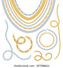 Golden and silver chains necklaces and bracelets with clasps realistic isolated vector illustration 