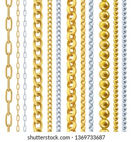 Golden and silver chains set isolated on white background for print design. Fashion jewelry ornament cartoon vector illustration